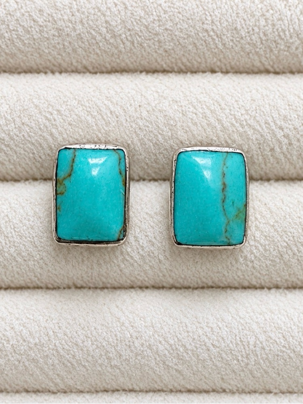 925 Sterling Silver Turquoise Rectangular Stud Earrings Bezel Set Artisan